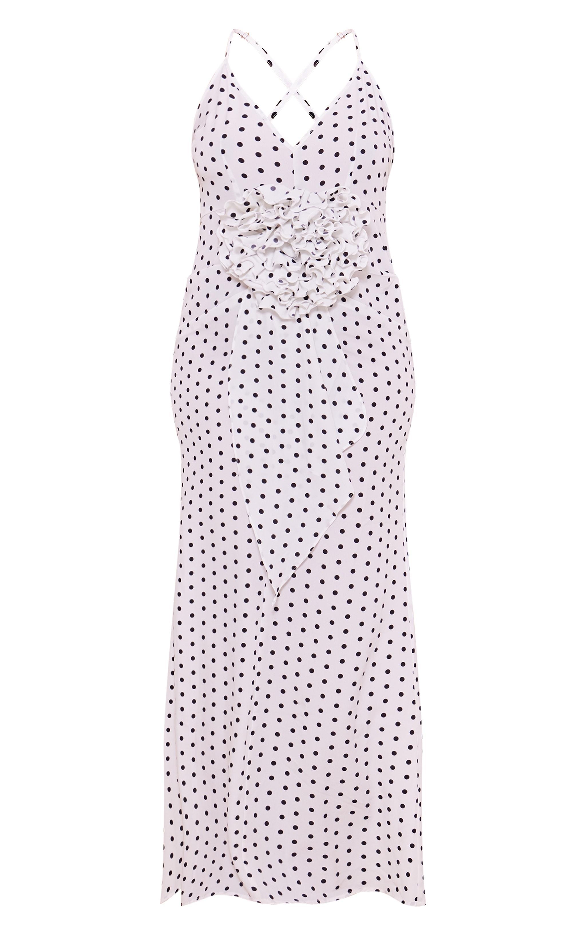 Plus White Polka Dot Satin Rose Detail Maxi Dress Product Image