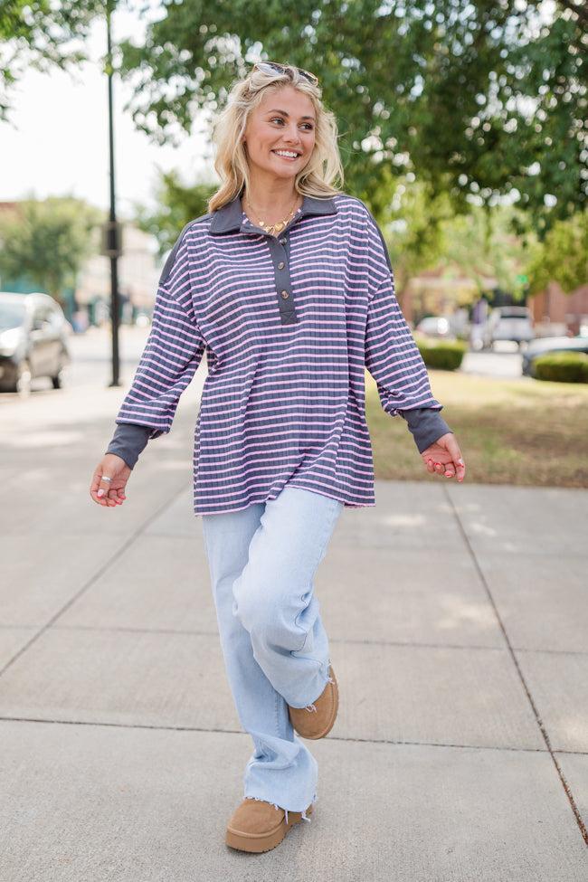 This Is The Life Navy and Pink Striped Collared Henley Oversized Knit Top Product Image