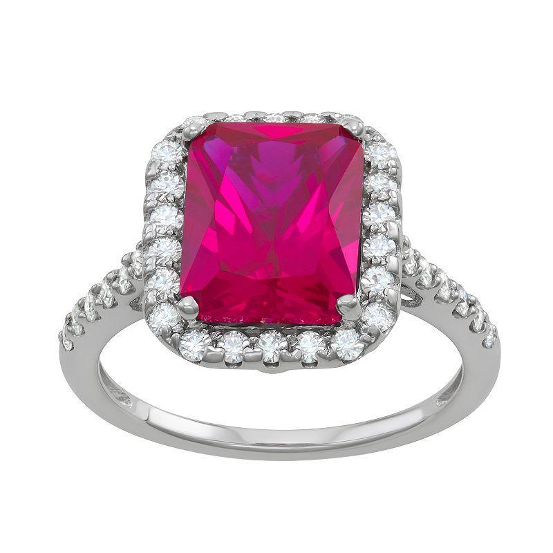 Charles & Colvard 14k White Gold Lab-Created Ruby & 4 1/2 Carat T.W. Lab-Created Moissanite Halo Ring, Womens Product Image