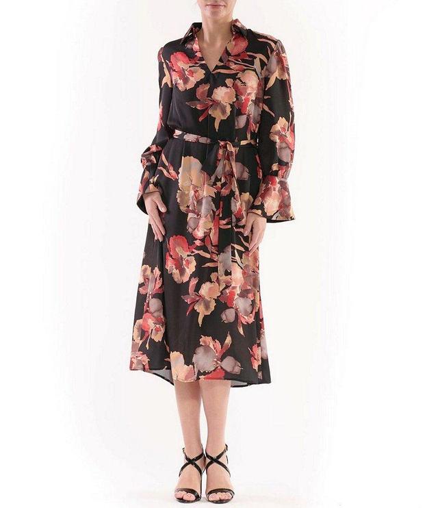 Julia Jordan Crinkle Satin Floral Print V-Neck Collar Long Sleeve Ruffle Cuff Midi Dress Product Image