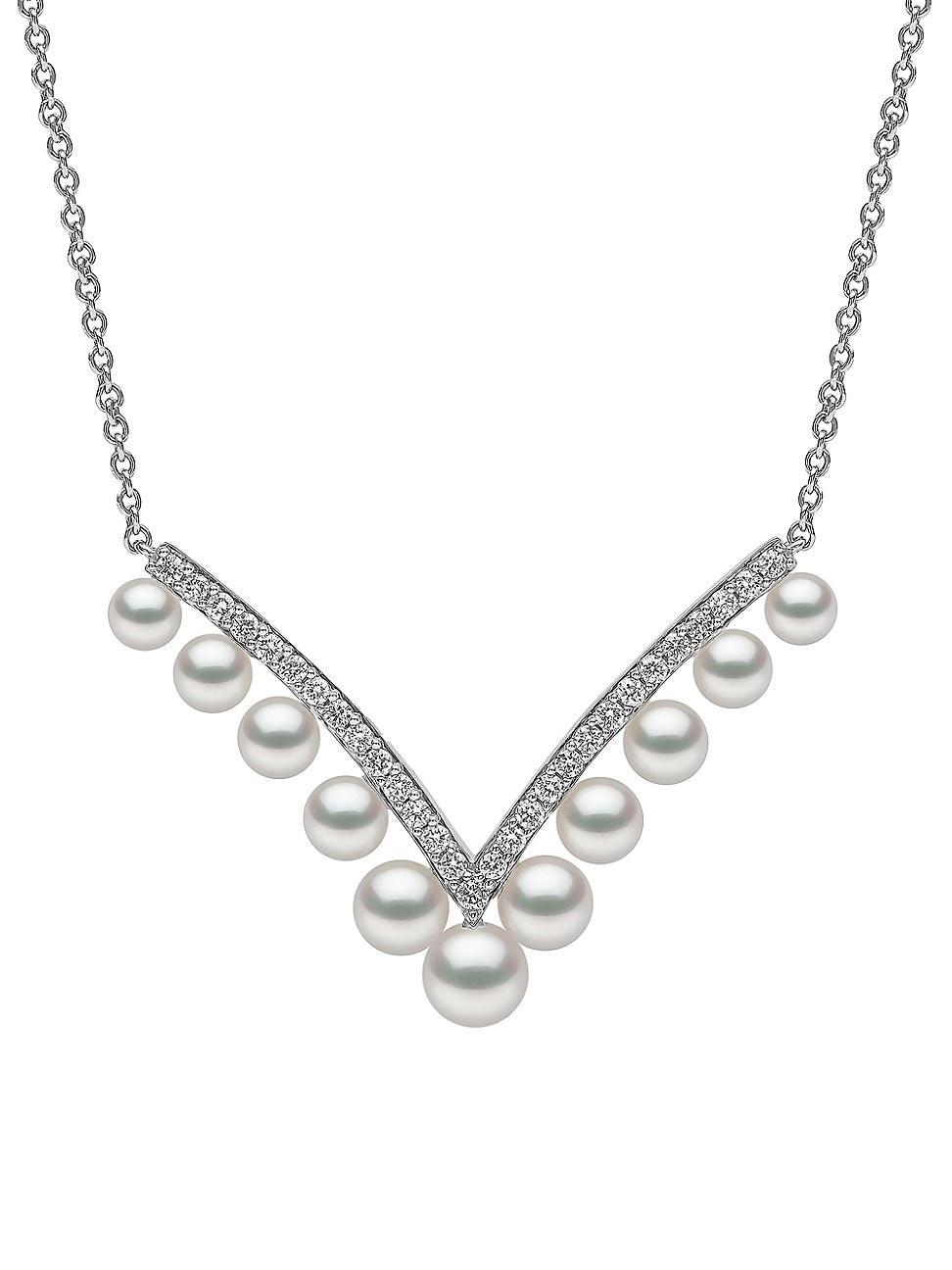 Womens Sleek 18K White Gold, 3-5MM Cultured Akoya Pearl & Diamond Pendant Necklace Product Image