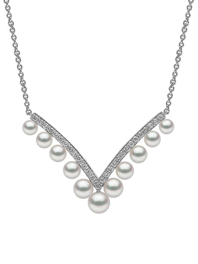 Womens Sleek 18K White Gold, 3-5MM Cultured Akoya Pearl & Diamond Pendant Necklace Product Image