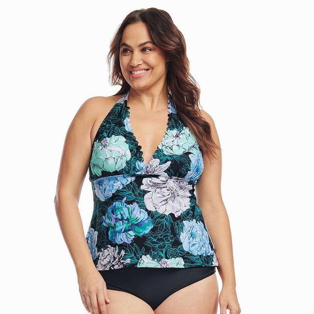 Plus Size Mazu Spring Peony Scallop Halter Tankini Swim Top, Womens Product Image