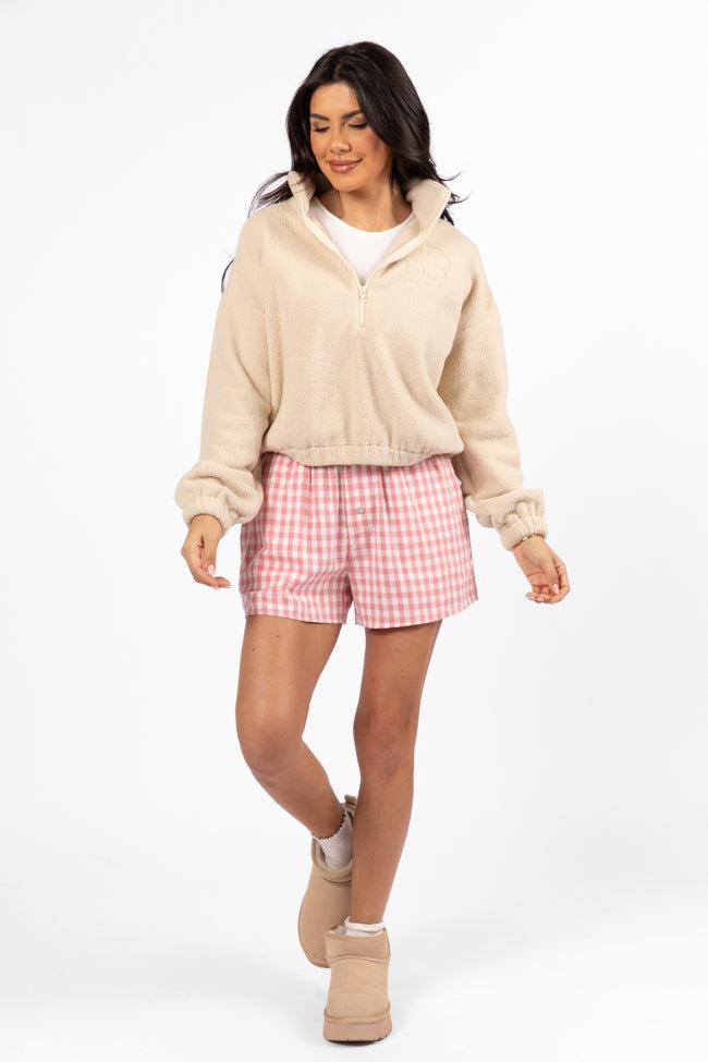 After Hours Mon Cheri Beige Embroidered Fleece Pullover Product Image