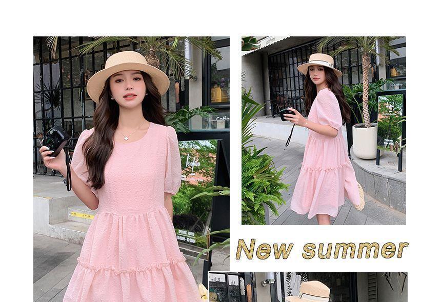 Short-Sleeve Round Neck Plain Frill Panel Mini A-Line Dress Product Image