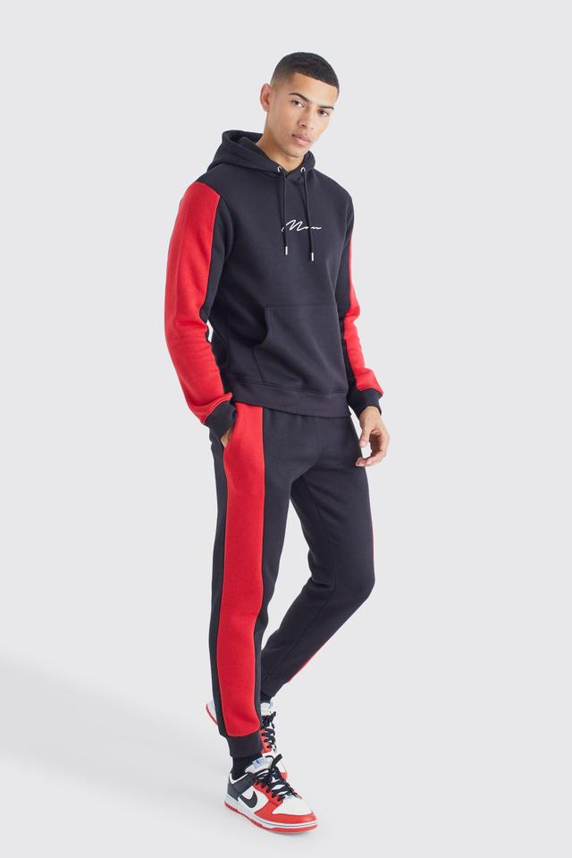 Mens Black Man Signature Slim Colour Block Tracksuit, Black Product Image