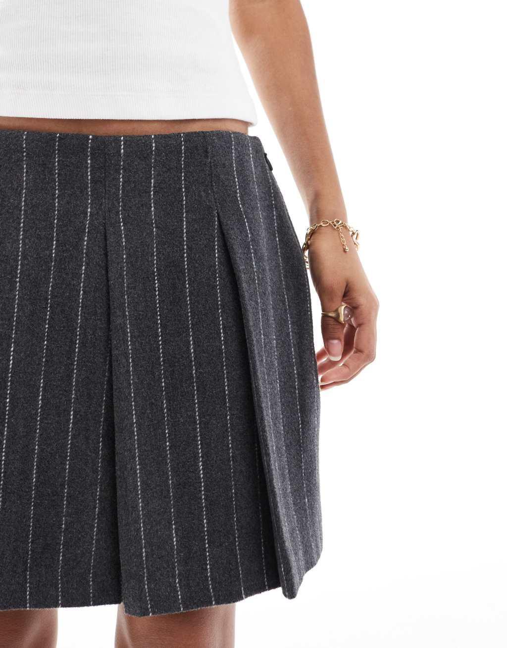 ASOS DESIGN wool look pleat tailored skirt in charcoal stripe Product Image