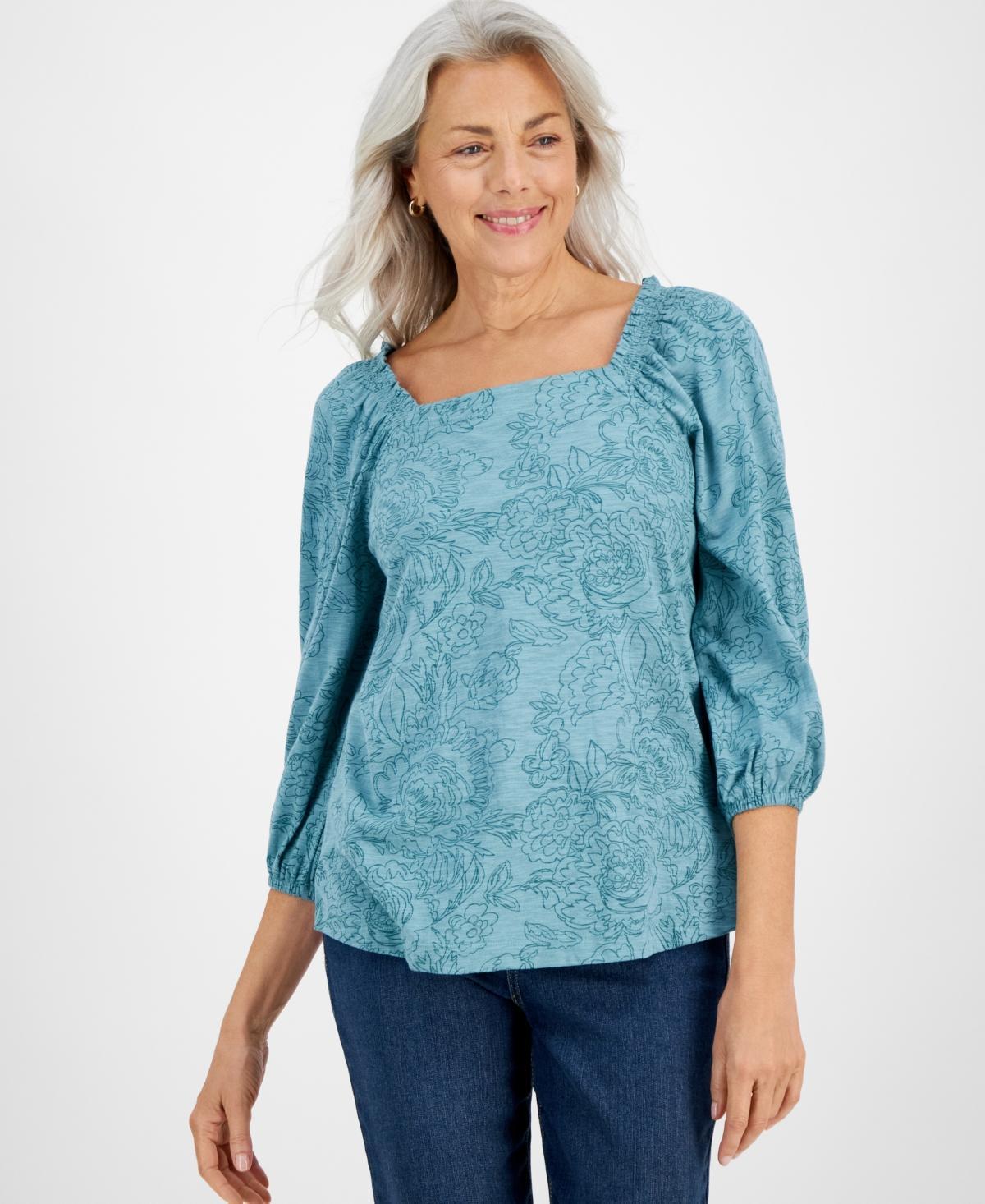 Style & Co Womens Printed Square-Neck 3/4-Sleeve Top, Created for Macys Product Image