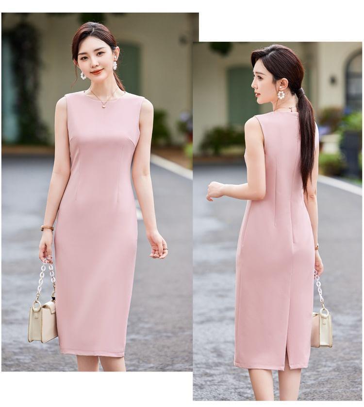 Collarless Plain Single Breasted Blazer / Sleeveless Crew Neck Plain Midi Sheath Dress Product Image