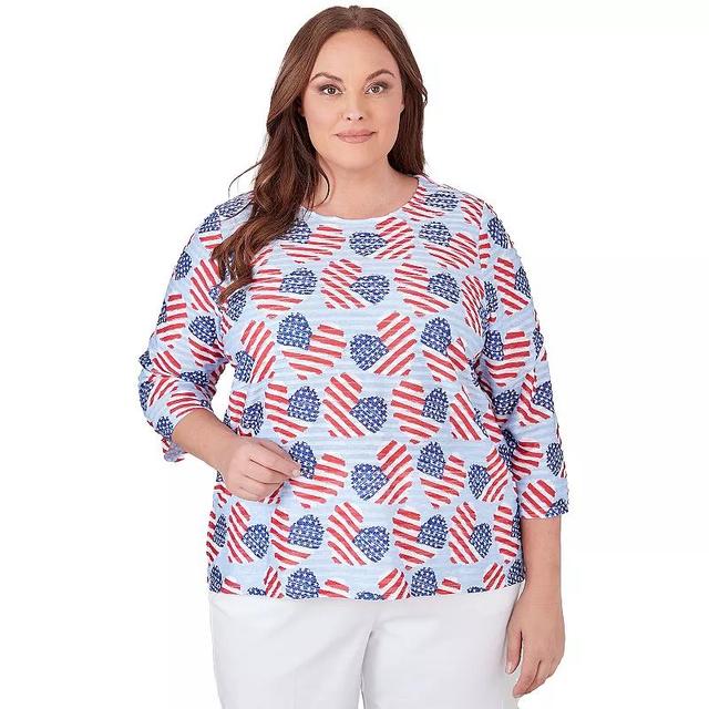 Plus Size Alfred Dunner American Flag Hearts Allover Print 3/4-Sleeve Top, Womens Product Image