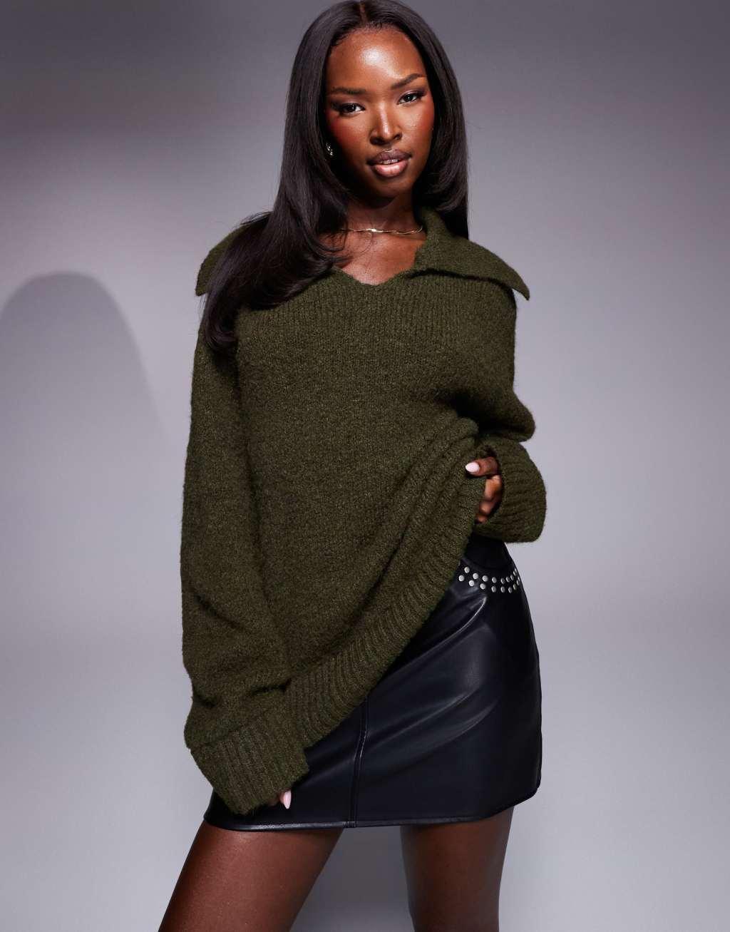 ASOS DESIGN wool blend knitted v neck sweater in forest green Product Image