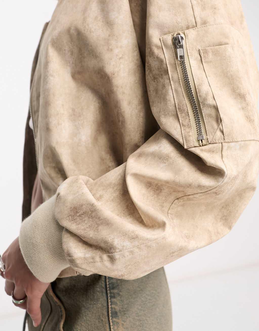 COLLUSION distressed printed bomber jacket in neutral  Product Image