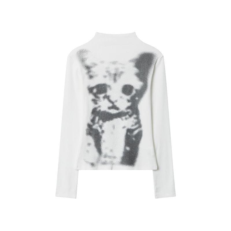 Long Sleeve Cat Print High Neck Slim Fit Tee Product Image