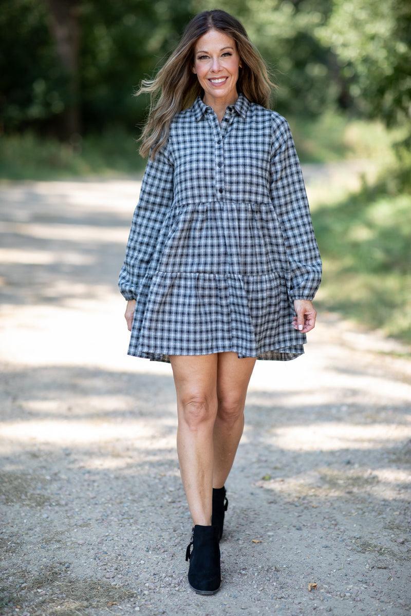 Black and Grey Gingham Long Sleeve Dress Product Image