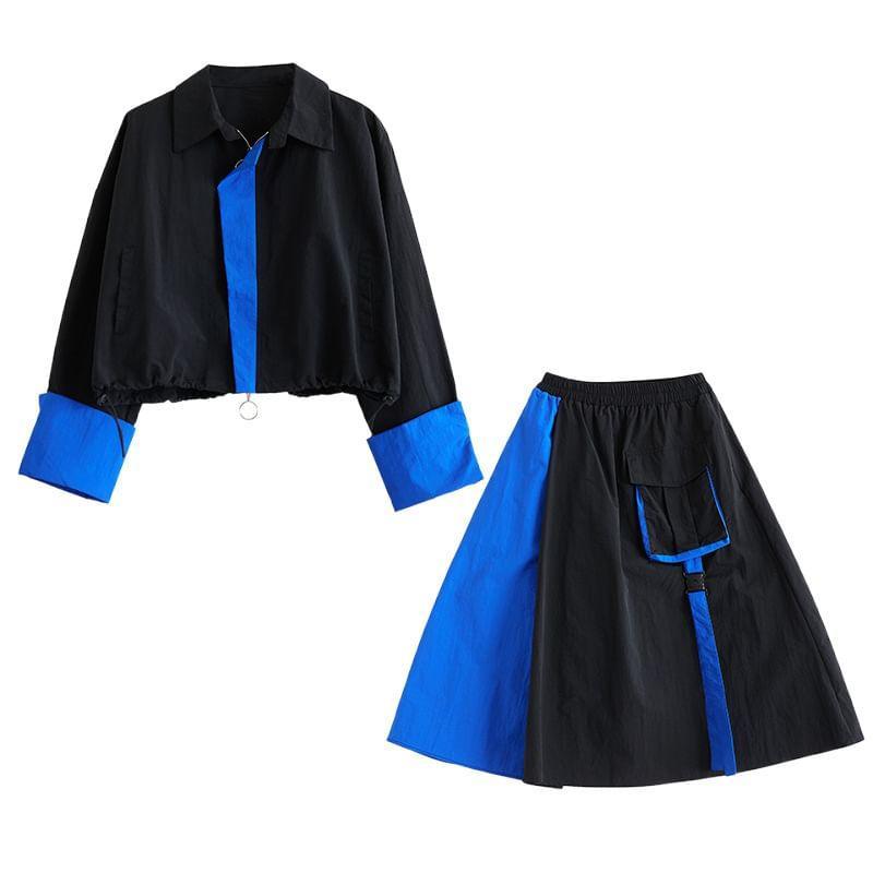 Set: Collared Two Tone Panel Zip Jacket + Elastic Waist Midi A-Line Cargo Skirt Product Image