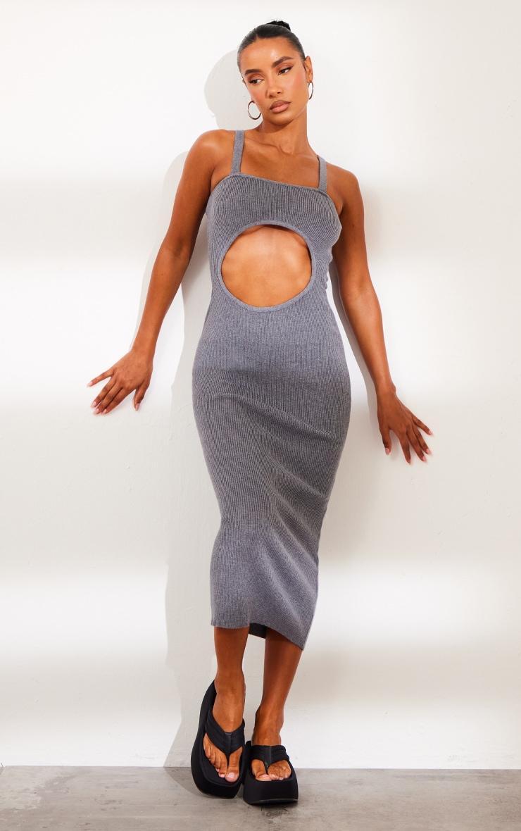  Charcoal Grey Front Cut Out Soft Rib Maxi Dress Product Image