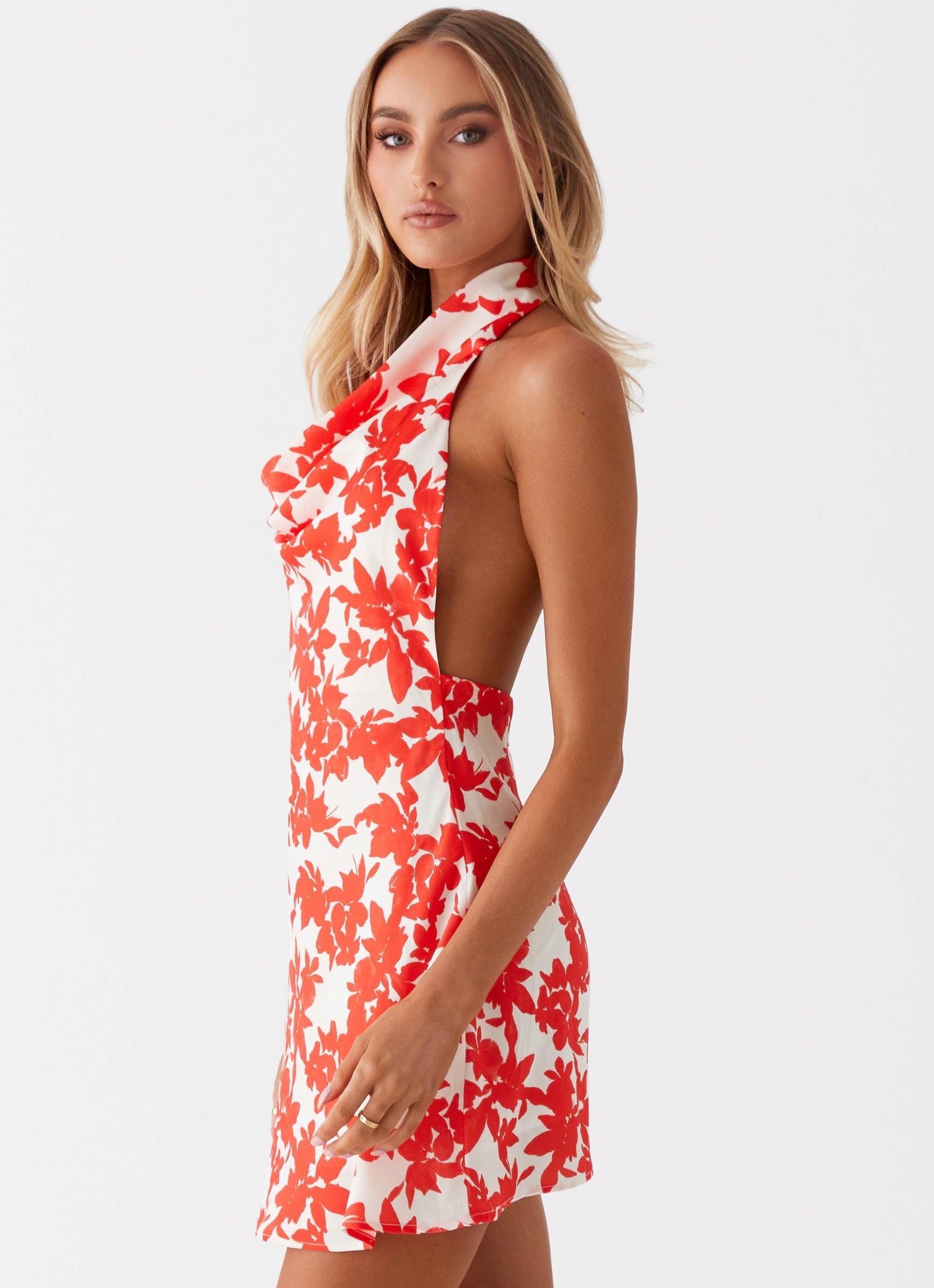 Carmine Bouquet Cowl Neck Mini Dress - Red Floral Product Image