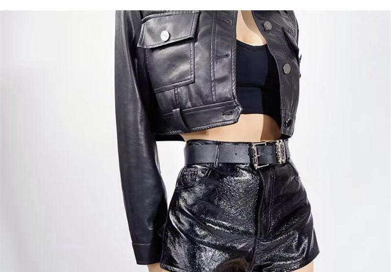 High Waist Plain Faux Leather Shorts Product Image