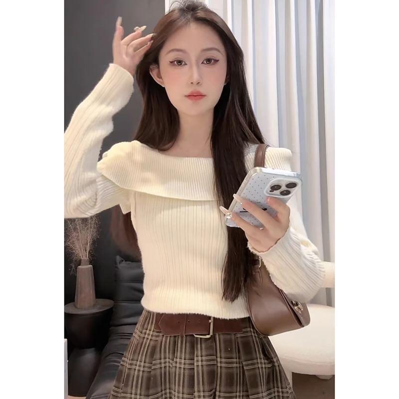 Asymmetrical Neck Plain Ribbed Sweater Product Image