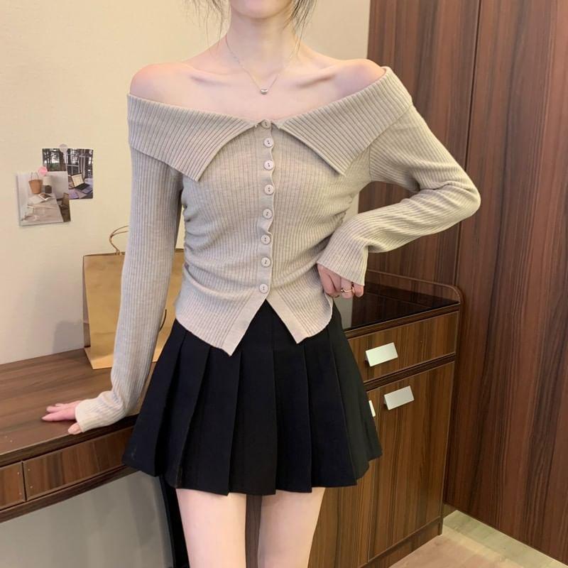 Long-Sleeve Off-Shoulder Plain Button Ribbed Knit Top Product Image