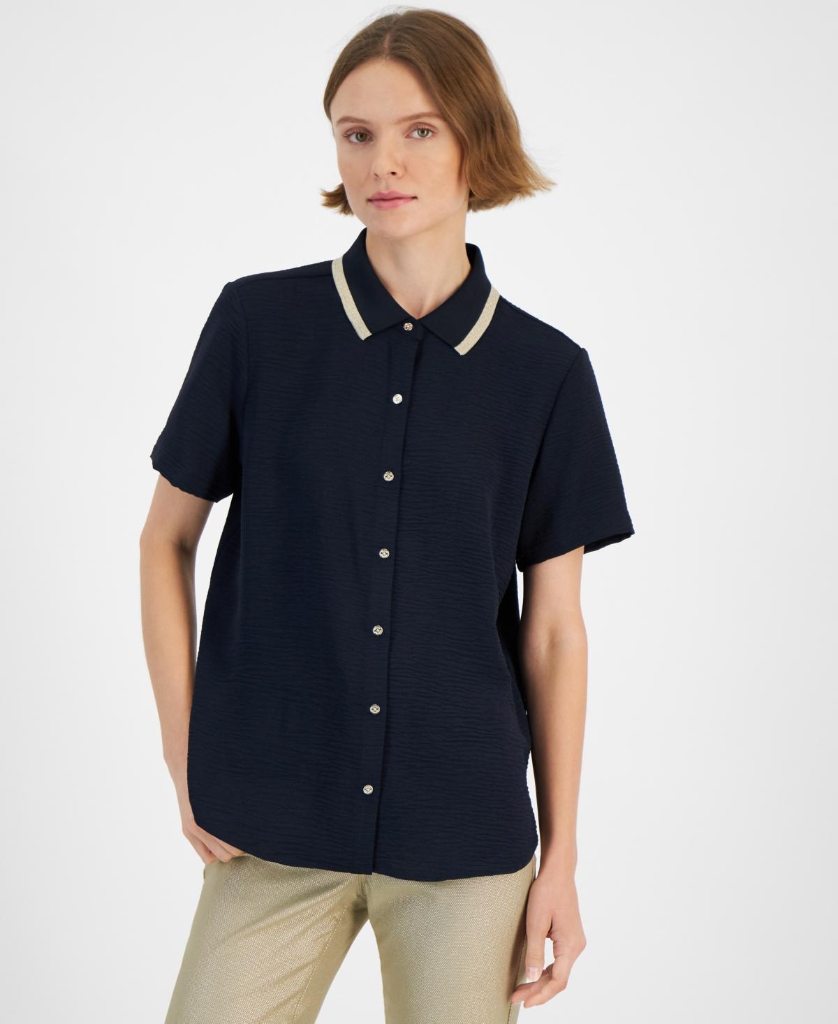 Tommy Hilfiger Womens Contrast-Collar Short-Sleeve Shirt Product Image