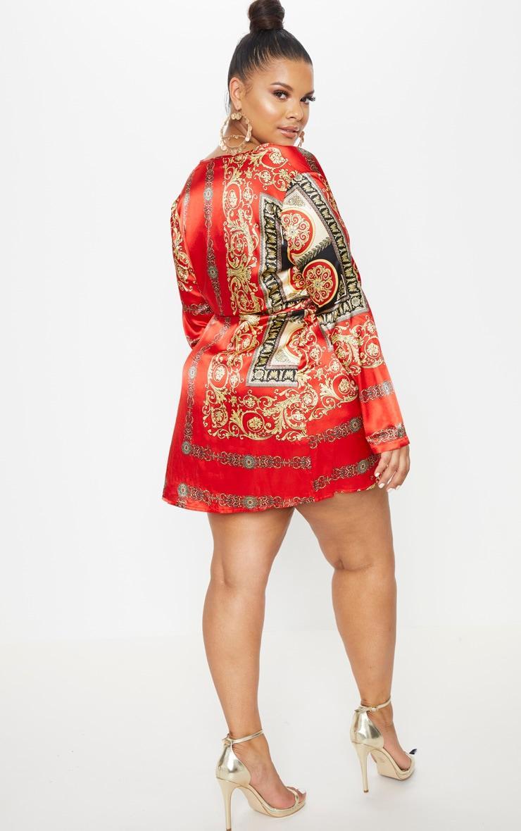 Plus Red Printed Satin Long Sleeve Wrap Dress Product Image