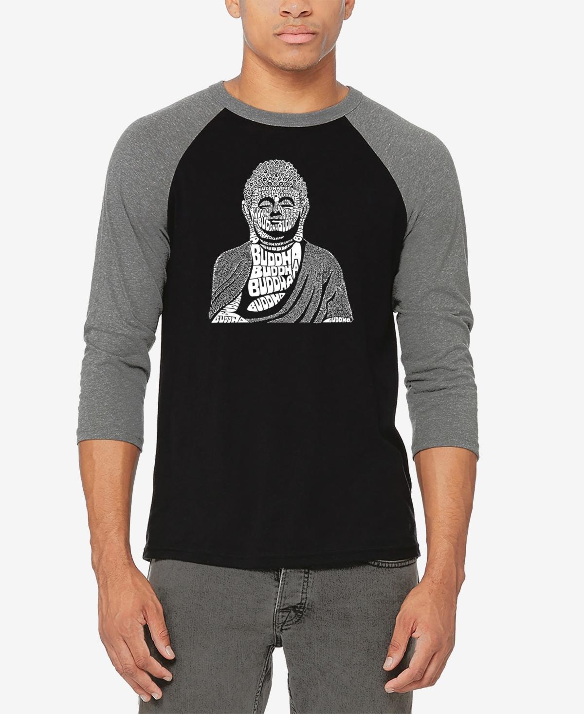 La Pop Art Mens Raglan Baseball 3/4 Sleeve Buddha Word Art T-shirt - Gray Product Image