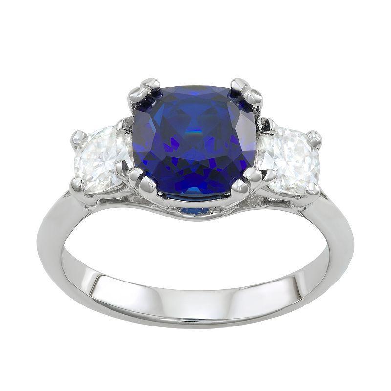 Charles & Colvard 14k White Gold Lab-Created Sapphire & 3 3/4 Carat T.W. Lab-Created Moissanite 3-Stone Ring, Womens Product Image