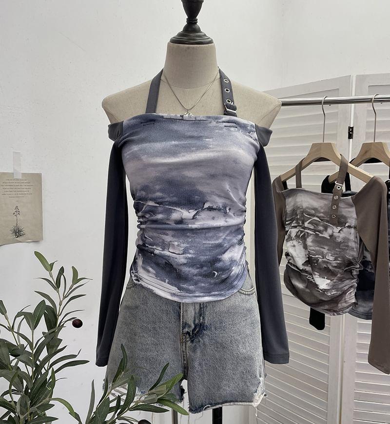 Long-Sleeve Halter Neck Tie Dye Top Product Image