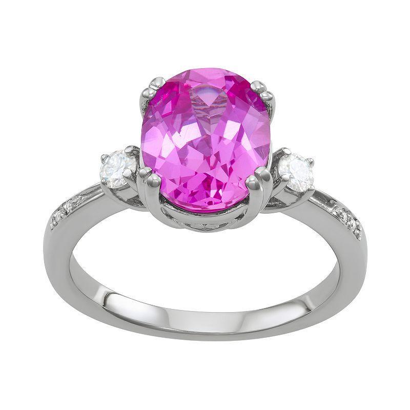 Charles & Colvard 14k White Gold Lab-Created Pink Sapphire & 3 5/8 Carat T.W. Lab-Created Moissanite Oval Ring, Womens Product Image