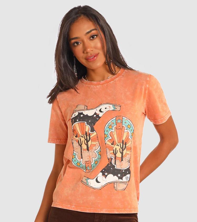 Rock & Roll Denim® Ladies' S/S Washed Orange Boot Graphic Tee Product Image