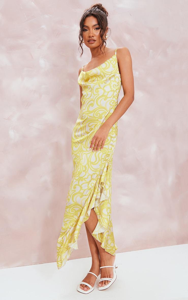 Lemon Floral Print Frill Satin Cowl Maxi Dress Product Image