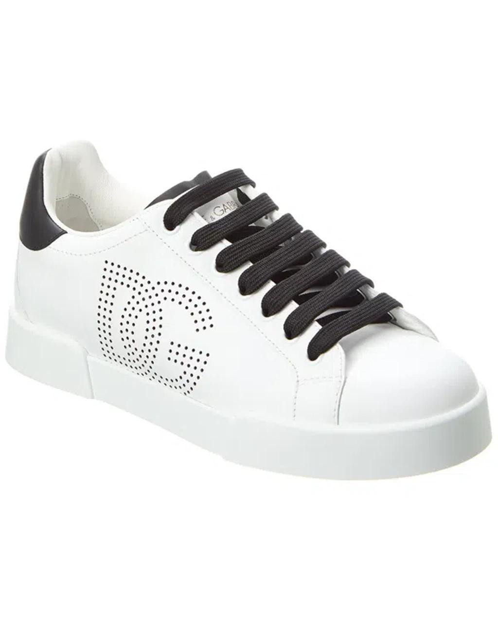 DOLCE & GABBANA Portofino White Low Top Sneakers With Perforated Dg Logo In Leather Woman Product Image