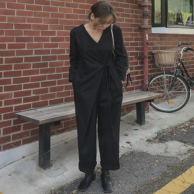 Long-Sleeve V-Neck Plain Loose Fit Jumpsuit Product Image