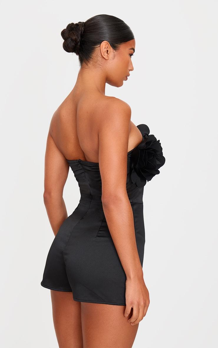 Black Satin Floral Corsage Detail Bandeau Romper Product Image