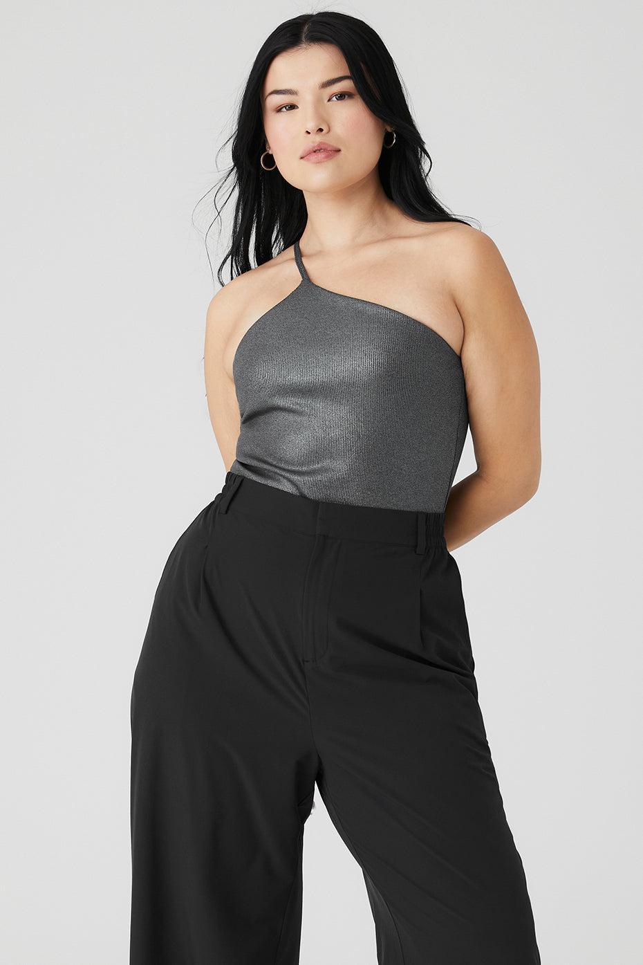 Alosoft Ribbed Shimmer Plie Bodysuit - Dark Grey Iridescent Product Image