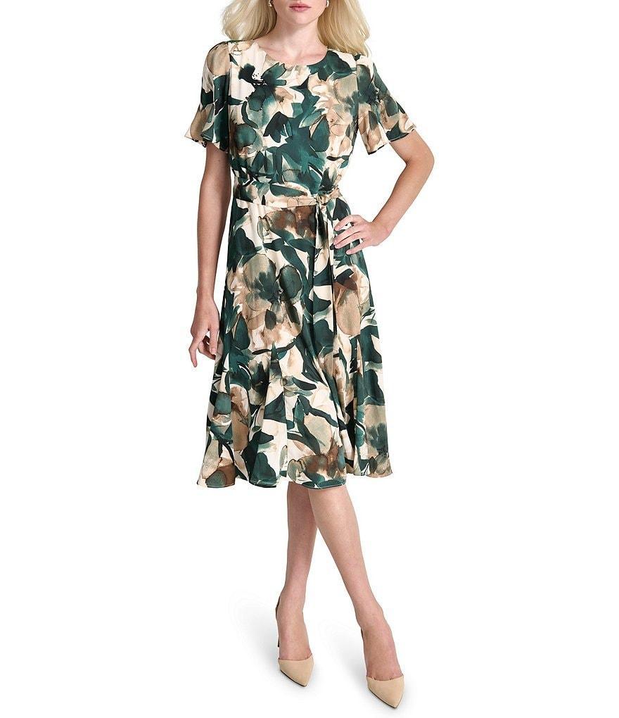 DKNY by Donna Karan Petite Size Floral Print Crew Neck Godet Sleeve Belted A-Line Dress Product Image