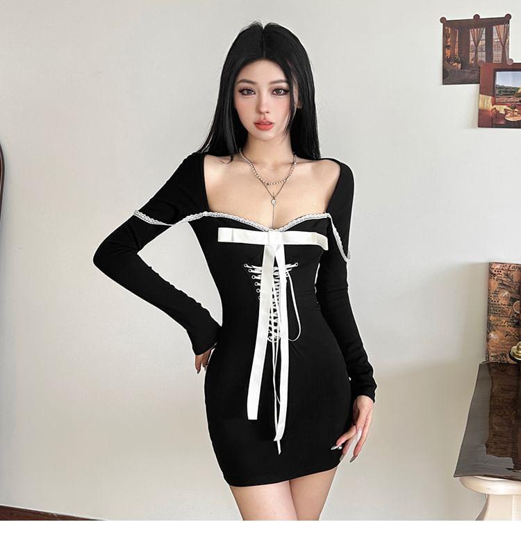 Long-Sleeve Plain Lace-Up Lace Trim Bow Mini Bodycon Dress Product Image