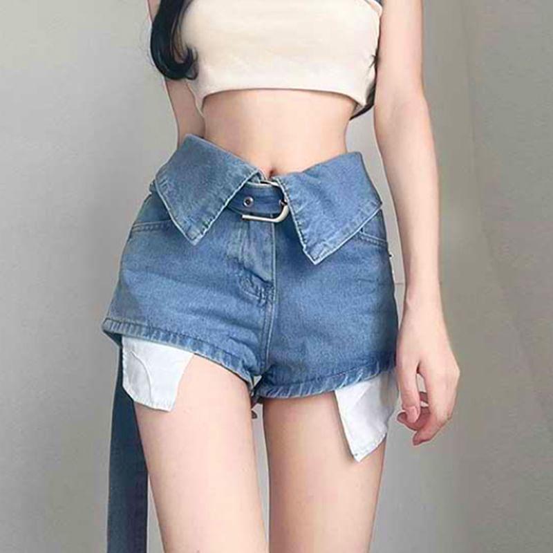 High Waist Belted Plain Denim Shorts Product Image