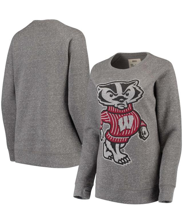 Womens Pressbox Heathered Gray Wisconsin Badgers Big Team Logo Knobi Fleece Tri-Blend Crew Neck Sweatshirt Product Image