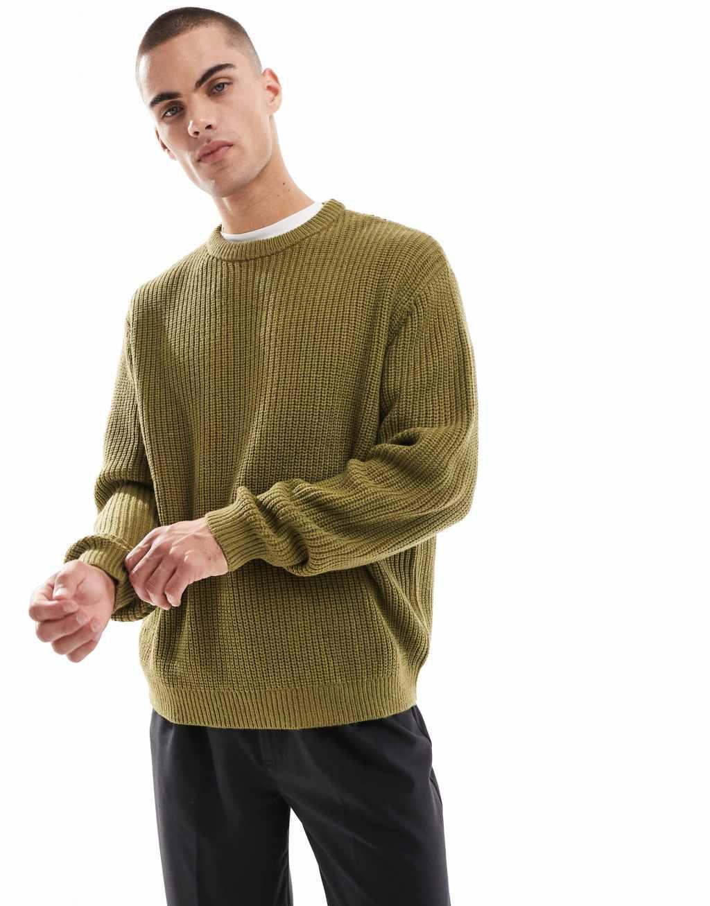 ASOS DESIGN knit oversized fisherman ribbed sweater in khaki product image