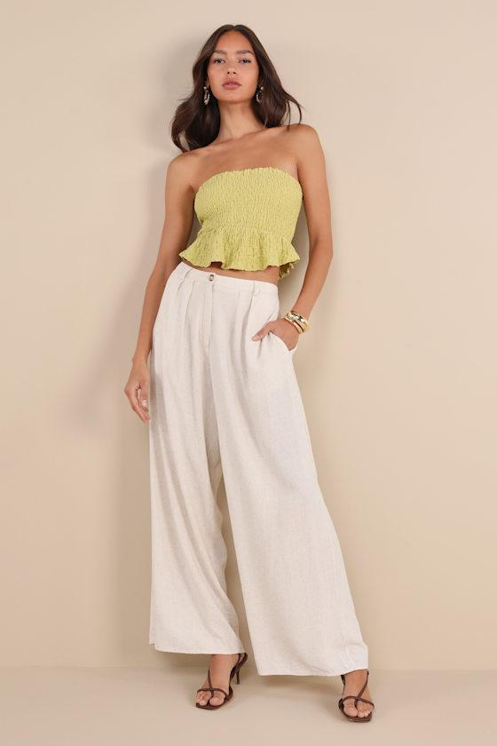 Sweet Instincts Beige Linen High-Waisted Wide-Leg Trouser Pants Product Image