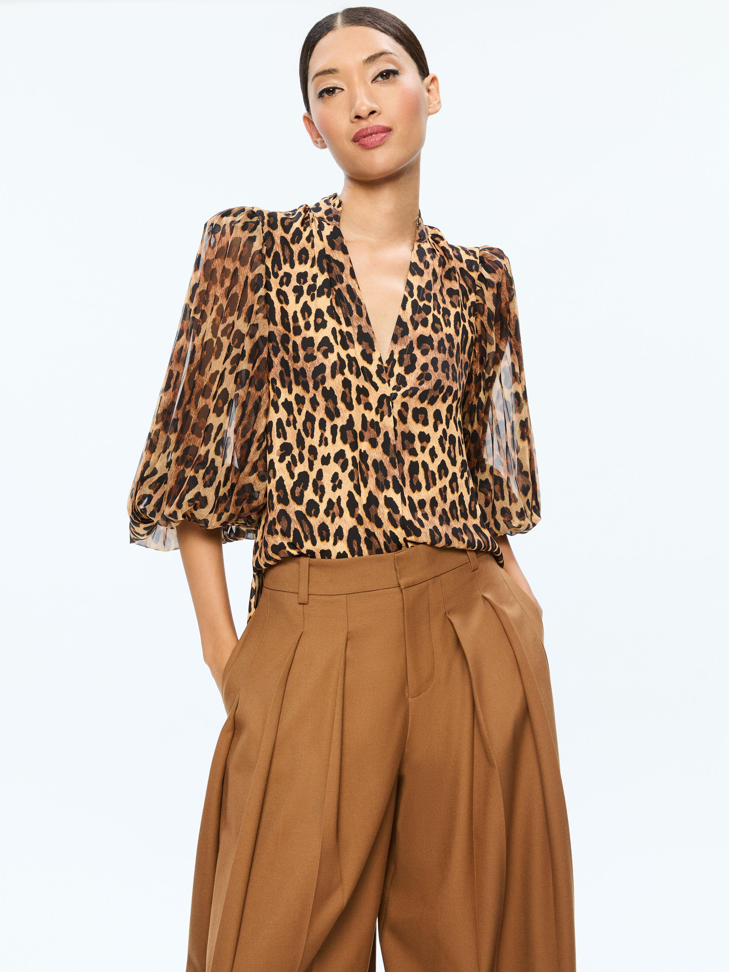 ALICE AND OLIVIA Ilan Button Front Blouse In Spotted Leopard Dark Tan Product Image