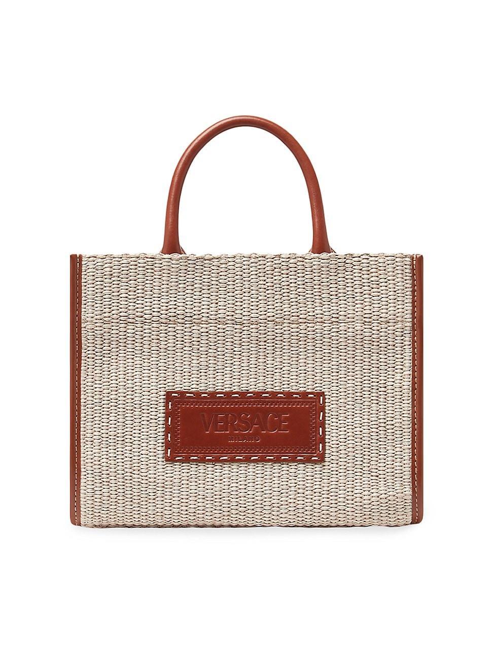 Womens Small Athena Leather-Trimmed Raffia Tote Bag product image