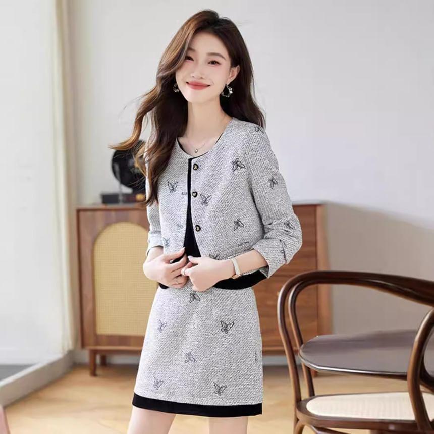 Set: Round Neck Butterfly Buttoned Jacket + High Waist Mini A-Line Skirt Product Image