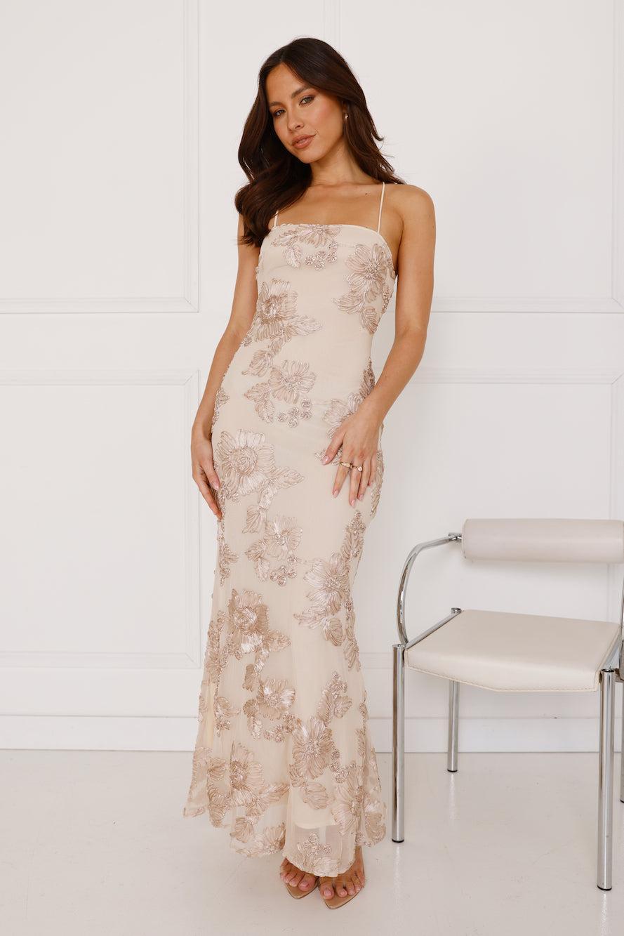 Glimmers Of Gold Mesh Maxi Dress Beige Product Image