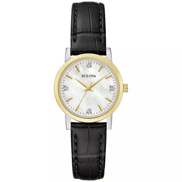 Bulova Womens Classic Two-Tone Stainless Steel Diamond Accent Black Leather Strap Watch - 98P225 Product Image