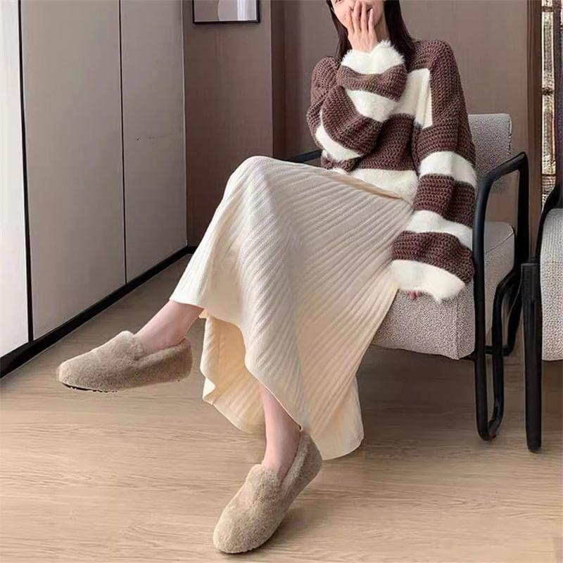 High Waist Plain Ribbed Knit Midi A-Line Skirt Product Image