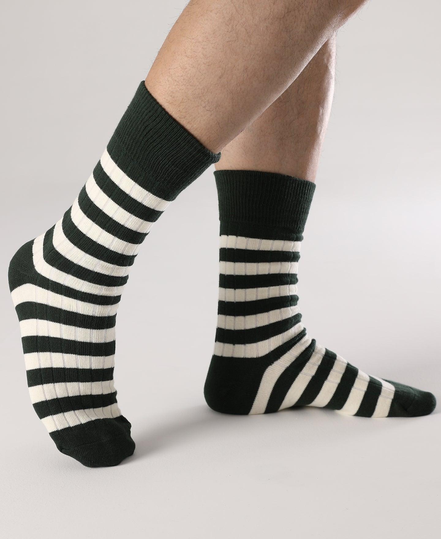 Retro Striped Cotton Socks - Green/White Product Image