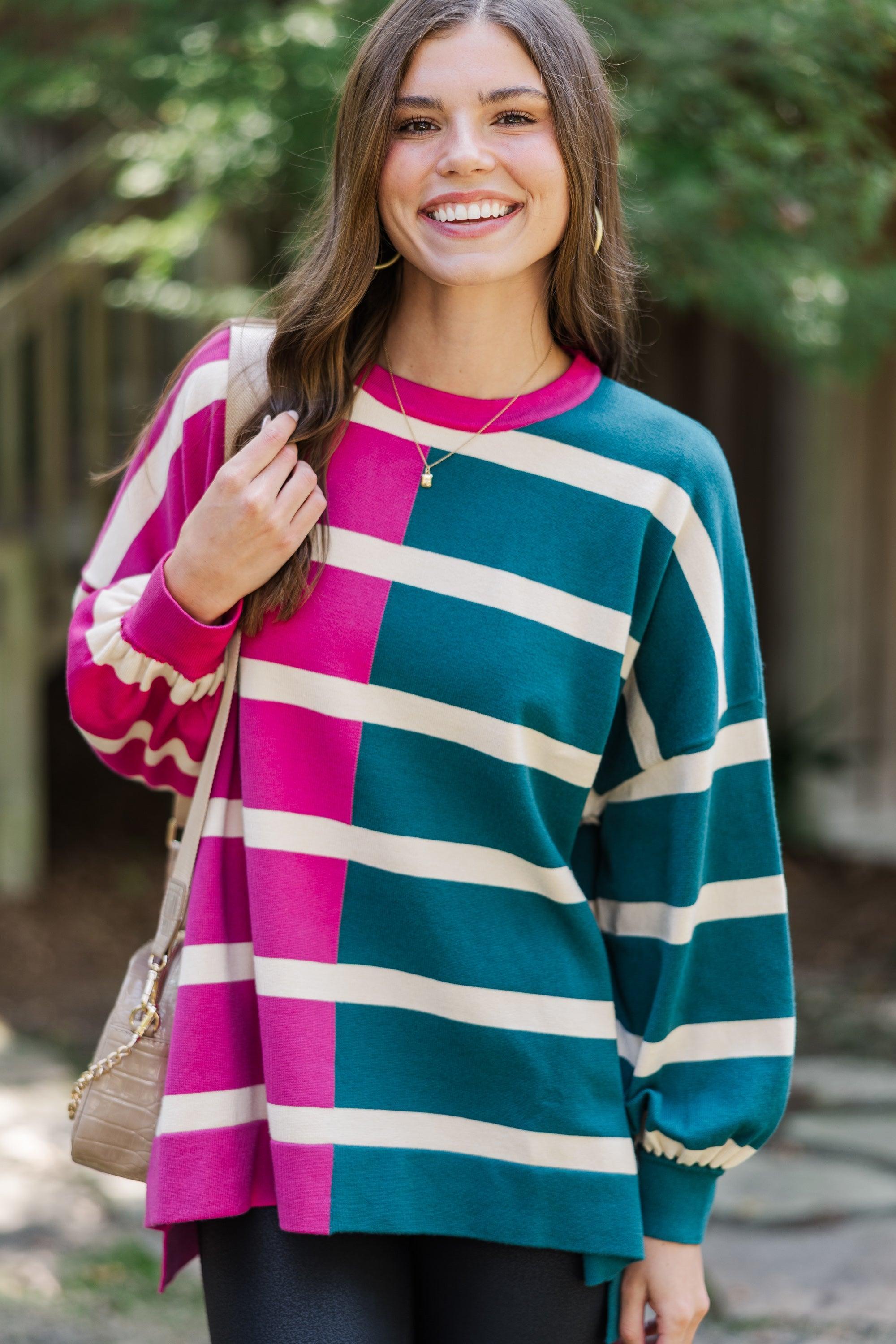 Live It Up Fuchsia/Teal Striped Sweater Female Product Image